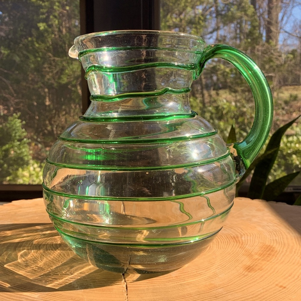 Hand Blown Green Glass Swirl Pitcher